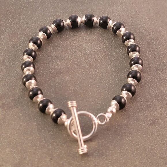 NEW Sterling Silver 6.6mm Onyx Beaded Ball Bracelet - Picture 3 of 6